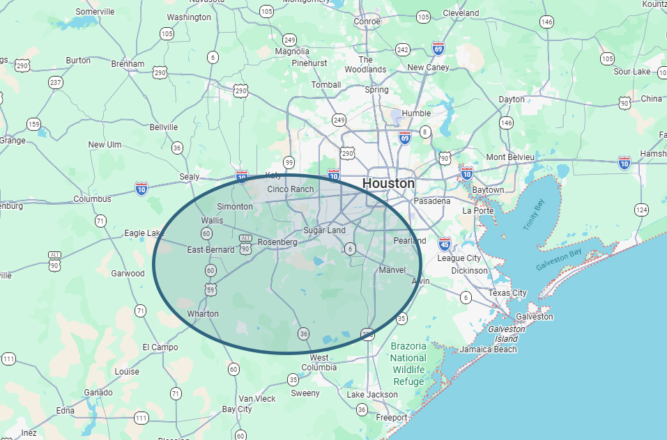 Map of the service area for Fairmont Hospice in Sugar Land, TX